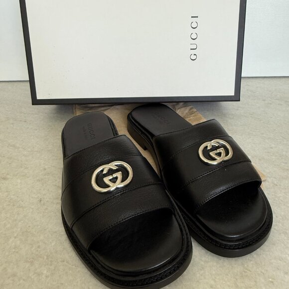 GUCCI 777849 MEN'S BLACK LEATHER INTERLOCKING G SANDALS, Gucci sz 7.5 (US 8) - Picture 2 of 13